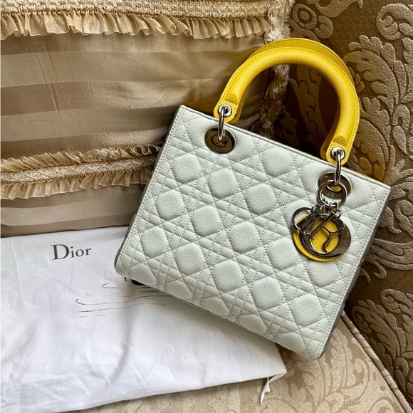 Christian Dior Lady Dior Medium Caviar Calfskin Yellow/Baby Blue/Grey NWOT RARE - Picture 3 of 9